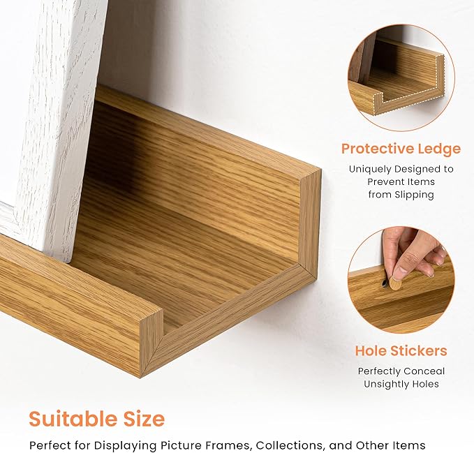 RICHFOCUS Picture Ledge Shelf, 16 inch Floating Shelves Set of 2, Wood Wall Shelves with Lip, Wall Decor Storage for Bedroom Living Room Bathroom Kitchen Nursery Photo Picture, Oak
