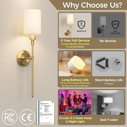 DORESshop Battery Operated Wall Sconce Set of 2, Wireless Wall Light Easy to Install, 7 Color Rechargeable Wall Sconces, Sconce Wall Decor Set of 2 for Bedroom, Living Room, Gold, 24.3in