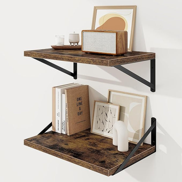 Floating Shelves, 12 Inch Deep Rustic Wood Wall Storage, 16W x 12D Wall Shelves Set of 2, Heavy Duty Metal Brackets, Large Industrial Book Shelf for Living Room, Kitchen, Bedroom, Brown