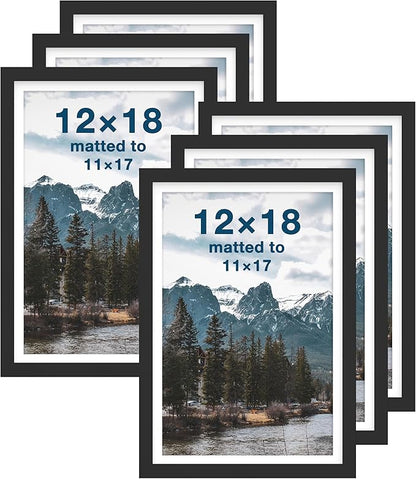 FrameWorks 12x18 mat to 11x17 Classic Wooden Picture Frames Tempered Glass/Black / 6-Pack