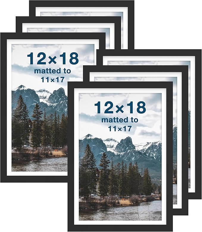 FrameWorks 12x18 mat to 11x17 Classic Wooden Picture Frames Tempered Glass/Black / 6-Pack