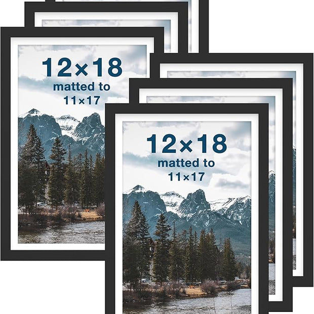FrameWorks 12x18 mat to 11x17 Classic Wooden Picture Frames Tempered Glass/Black / 6-Pack