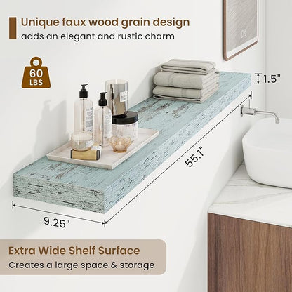 55in Floating Shelves for Wall, 55"W x 9.25"D x 1.5"H, Long Wall Mounted Engineered Wood Shelves with Invisible Brackets for Living Room, Bedroom, Bathroom, Kitchen Decor and Storage, Blue