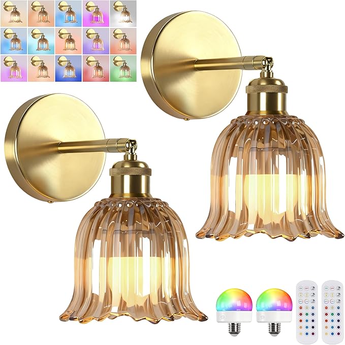 Vintage Battery Operated Wall Sconce with Amber Stripe Glass Lampshade Rechargeable Battery Powered Wall Light with Remote Control for Bedside Bedroom Bathroom, Set of 2
