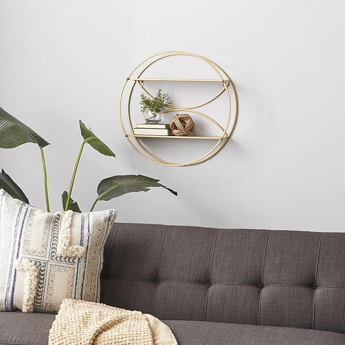 CosmoLiving by Cosmopolitan Metal Round 2 Shelves Wall Shelf, 22" x 7" x 22", Gold