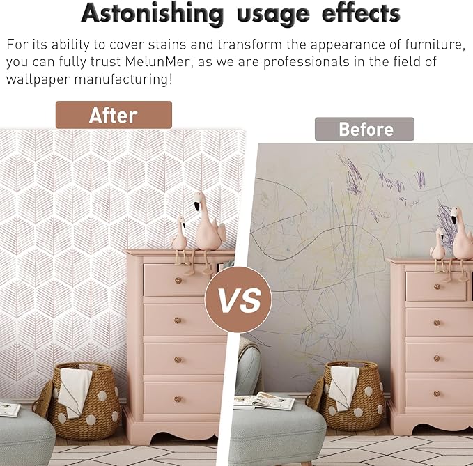 MelunMer Pink Modern Peel and Stick Wallpaper Boho Removable Self Adhesive 393''L 17.3''W Wallpaper for Bedroom/Bathroom Waterproof Contact Paper for Cabinets/Drawers Geometric Contact Paper Pink