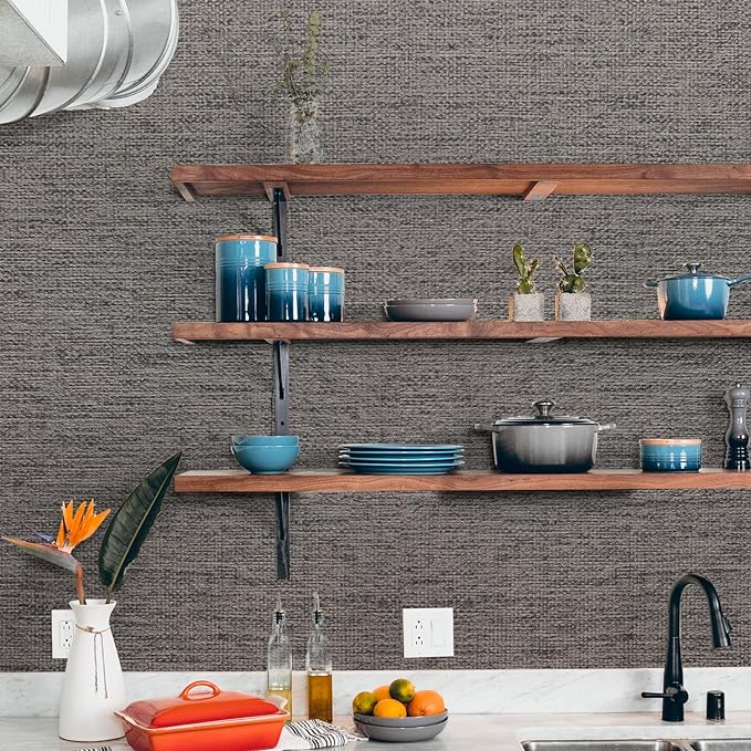 WADILE Grasscloth Peel and Stick Wallpaper 15.7in x 78.7in, Textured Contact Paper for Cabinets, Faux Linen Wall Paper Pull and Stick, Fabric Vinyl Wallpaper Self Adhesive Brown Gray