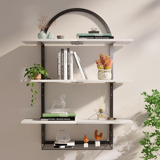 Floating Shelf for Wall- 31.5"x 24" 3+1 Tier White Bathroom Floating Shelves with Basket for Bathroom, Living Room,Bedroom and Kitchen