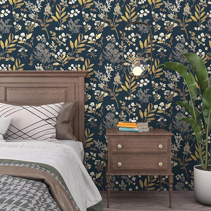Dark Blue Leaf Wallpaper Peel and Stick Dark Floral Wallpaper for Bedroom Vintage Leaf Contact Paper Waterproof Self Adhesive Boho Floral Wall Paper for Bedroom Walls Countertop 17.5in x 393in