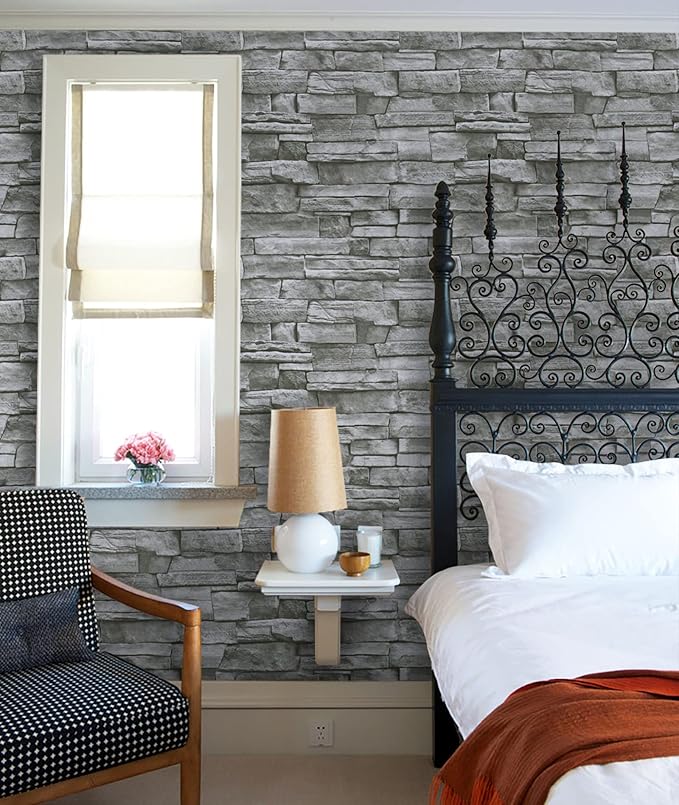 Timeet 3D Brick Stone Wallpaper Peel and Stick Wallpaper Self Adhesive 17.7"x197" Grey Stone Contact Paper for Living Room Bathroom Fireplace Kitchen Decoration Removable Vinyl Wall Paper Roll