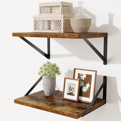 Deep Floating Shelves,16"Wx10"D Floating Shelves for Wall Set of 2,Heavy Duty Wood Floating Shelf with Metal Bracket,Wall Mounted Hanging Shelf for Living Room Bedroom Bathroom Kitchen,Rustic Brown