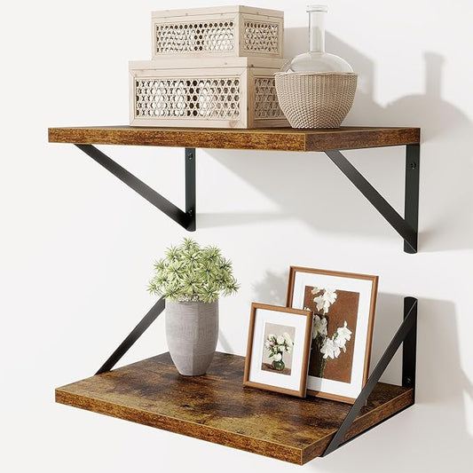 Deep Floating Shelves,16"Wx10"D Floating Shelves for Wall Set of 2,Heavy Duty Wood Floating Shelf with Metal Bracket,Wall Mounted Hanging Shelf for Living Room Bedroom Bathroom Kitchen,Rustic Brown