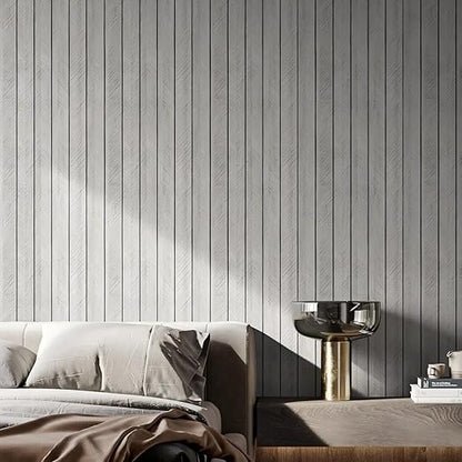 Thick Wood Slat Wall Panels, Modern 3D Peel and Stick, 15.75"x118" Self-Adhesive Accent Wall with Sound Dampening for TV Wall and Ceiling, Bedroom, Home Office, Light Grey, 13 Sq Ft