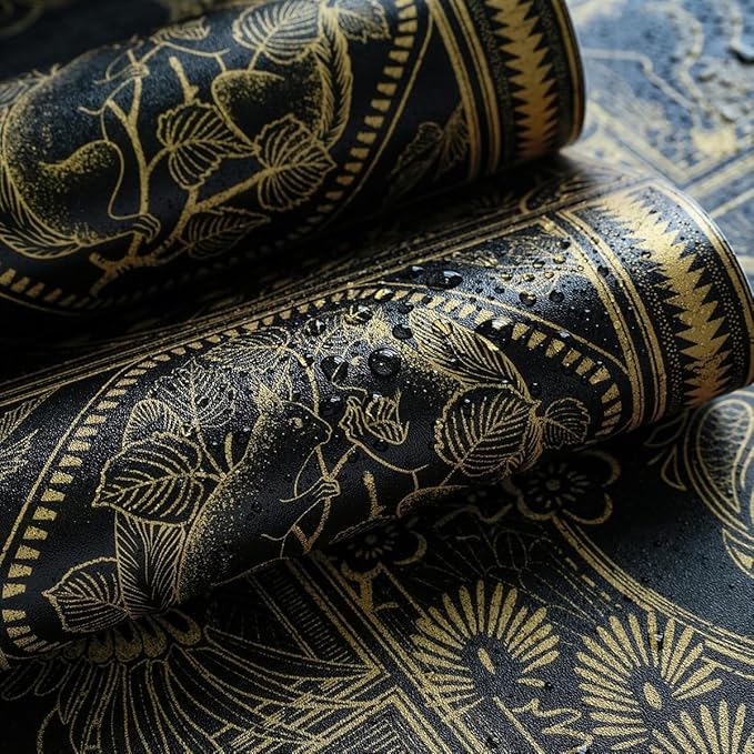 Erfoni Black and Gold Wallpaper Vintage Peel and Stick Wallpaper Special Animals Pattern Contact Paper Stick and Peel Self Adhesive Removable Wall Paper for Countertop Cabinets Covering 78.7