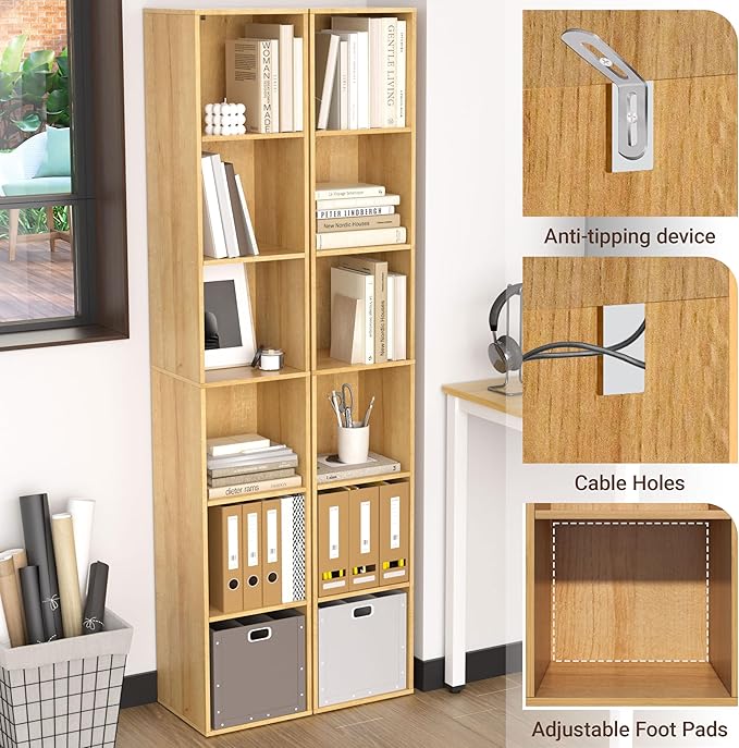 Cube Shelf,6 Cube Storage Organizer, 6 Tier Cube Low Bookcase Freestanding Storage Display Organizer, Six-Cubes Open Shelf Bookshelf for Home Office (Oak, 6-Cube)