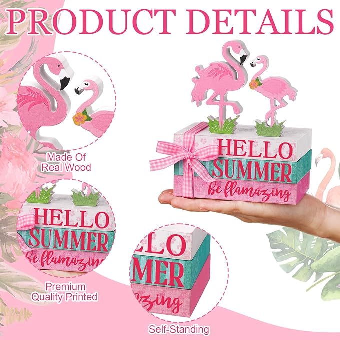 Geelin 4 Pcs Flamingo Wooden Book Stack Decor, Summer Faux Books for Home Table Centerpiece, Hello Summer Flamingos Tiered Tray Decorations Rustic Farmhouse Pink Flamingo Decor for Living Room Kitchen