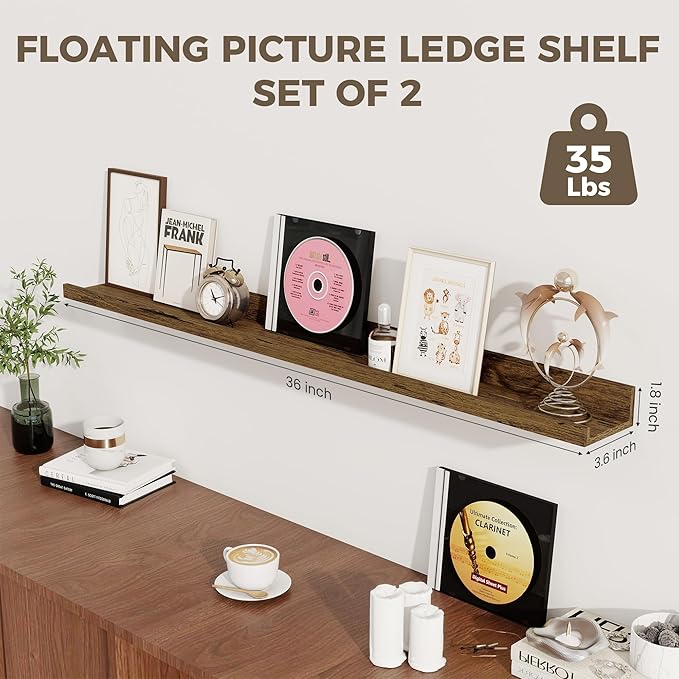 Axeman 36 Inch Floating Shelves | Picture Ledge Shelf Set of 2 | Rustic Brown Wall Shelves with Lip | Brown Picture Shelf for Wall with Ledge | Photo Ledges 36 Inch