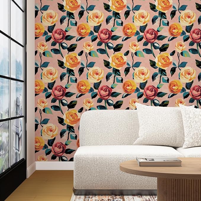 Watercolor Floral Wallpaper Peel and Stick, Pink/Orange/Yellow Rose Contact Paper 17.5" x 393", Boho Wall Paper Self Adhesive Waterproof Removable for Girl Bedroom Shelves Cabinet Drawer Table Decor