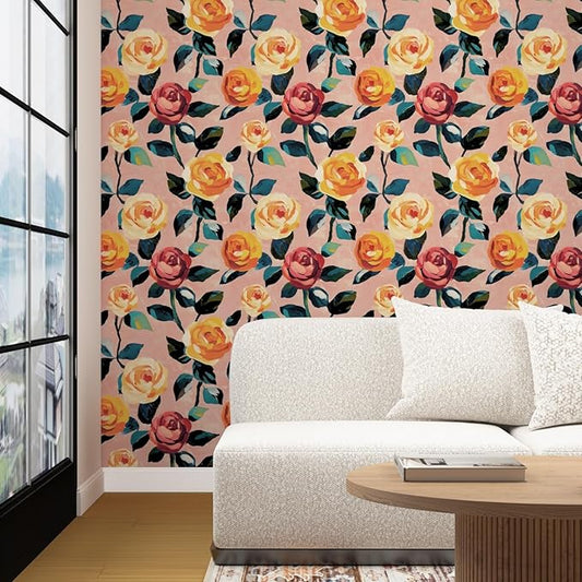 Watercolor Floral Wallpaper Peel and Stick, Pink/Orange/Yellow Rose Contact Paper 17.5" x 393", Boho Wall Paper Self Adhesive Waterproof Removable for Girl Bedroom Shelves Cabinet Drawer Table Decor