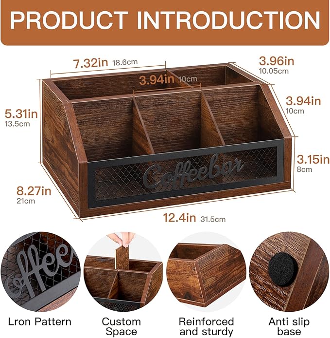 Coffee Station Organizer for Counter, Wood Pods Holder Basket with Removable Dividers, Office Coffee Bar Accessories Decor for Syrup, Cups, Stirrer, Tea