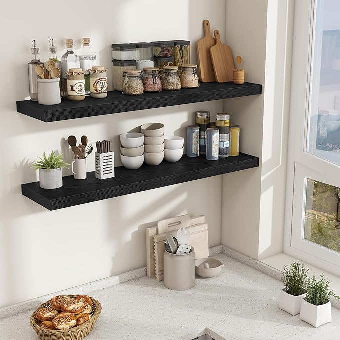 Fun Memories 10 Inch Deep Shelves, Floating Shelves for Wall 48 Inches Long, Wood Floating Shelves for Wall, Large Storage Shelves Wall Mount for Living Room Bedroom, Black, Set of 1