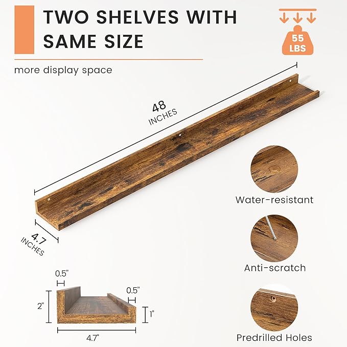 Picture Ledge Shelf, Floating Shelves Set of 2, 48 Inches Long Large Nursery Book Shelves for Toys Storage, Kids Bookshelf Wall Mounted for Living Room Bedroom Decor Books Photo Frames,Brown