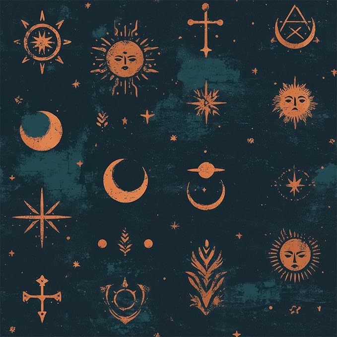 FLFK Mystic Peel and Stick Wallpaper 16" x 128" Moody Dark Blue & Orange Vintage Wallpaper Sun and Moon Removable Wall Paper for Renter Bedroom Shlef Cabinet Décor