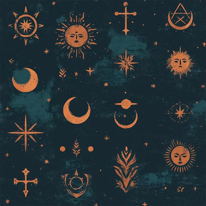 FLFK Vintage Mystic Peel & Stick Wallpaper - 16" x 64" Dark Blue & Orange, Expressive Sun and Moons with Celestial Motifs, Retro Wall Art for Living Room, Bedroom, Office, Apartment Decor