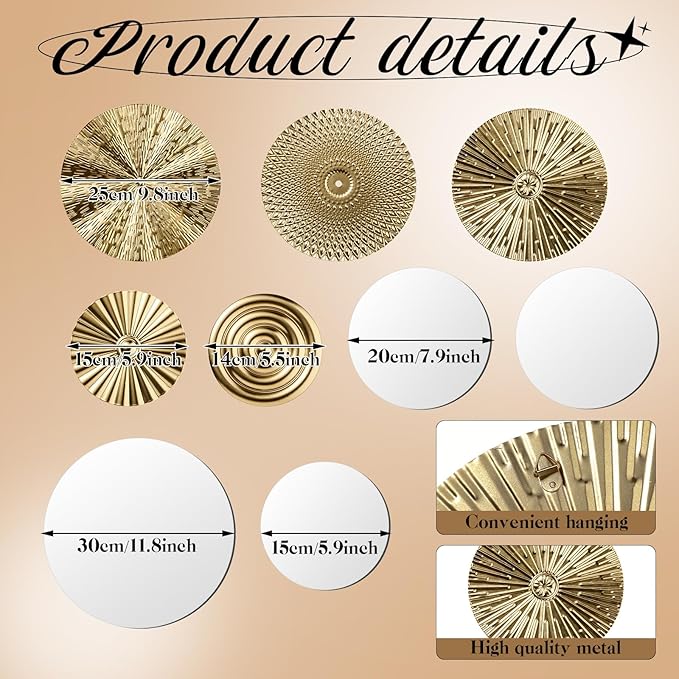 Blulu 9 Pcs Gold Mirror Wall Decor Metal Round Home Art Decor Decorative Modern Circle Mirror Wall Art Sculpture Hanging Decorations for Home Living Room Office