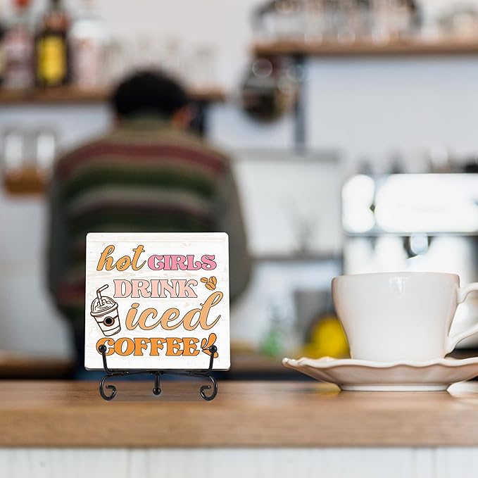 Coffee Bar Decor, Farmhouse Kitchen Table Decor, Coffee Station Accessories, Wooden Decorative Sign with Iron Stand for Table Desk Shelf Display-E31
