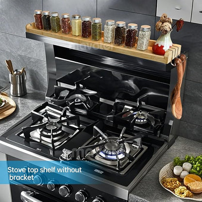 Over The Stove Top Shelf for Kitchen Bamboo Spice Rack Organizer for Back of Stove with Protective Lips & 6 Hooks,Easy Installation 33.5 * 4.5 * 13.4”