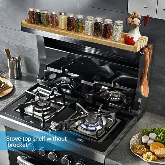 Over The Stove Top Shelf for Kitchen Bamboo Spice Rack Organizer for Back of Stove with Protective Lips & 6 Hooks,Easy Installation 33.5 * 4.5 * 13.4”
