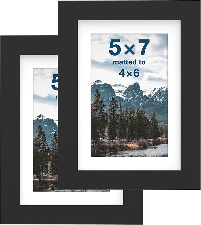 FrameWorks 2-Pack, 5x7 Matted to 4x6 Picture Frame, Black – Classic Wooden Photo Frame with Tempered Glass, Modern Matte Finish for Prints, Posters, Certificates & Wall Decor – Gallery-Ready
