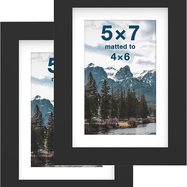 FrameWorks 2-Pack, 5x7 Matted to 4x6 Picture Frame, Black – Classic Wooden Photo Frame with Tempered Glass, Modern Matte Finish for Prints, Posters, Certificates & Wall Decor – Gallery-Ready