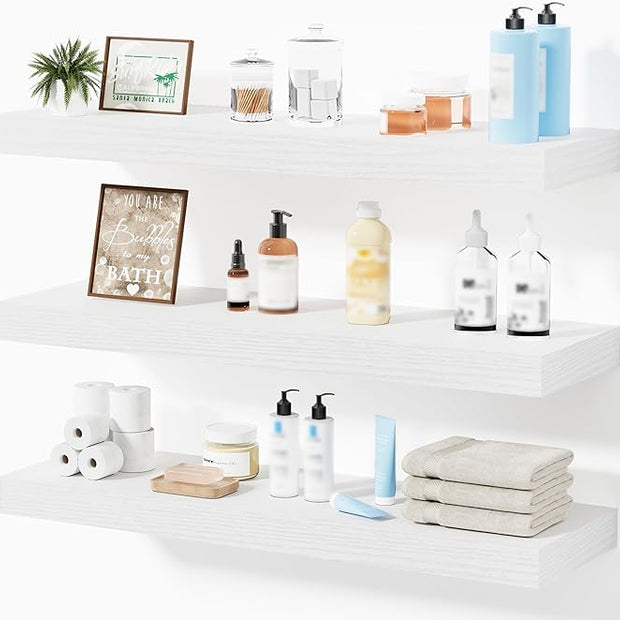 Floating Shelves for Wall, Bathroom Shelves Over Toilet, Wall Shelves & Book Shelf for Room, Hanging Shelf, Modern Wooden Mounted Floating Shelves, 24x7x1.5 in (White, Set of 3)