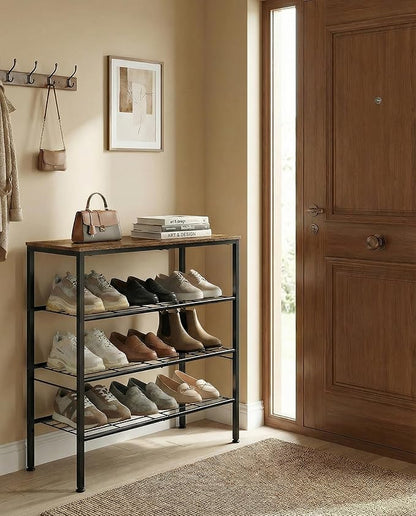 4-Tier Shoe Rack for Entryway, Bedroom & Living Room – Sturdy Shoe Storage Organizer with Adjustable Leveling Feet, Compact Design (26.9”x11.8”x26.1”), Rustic Brown