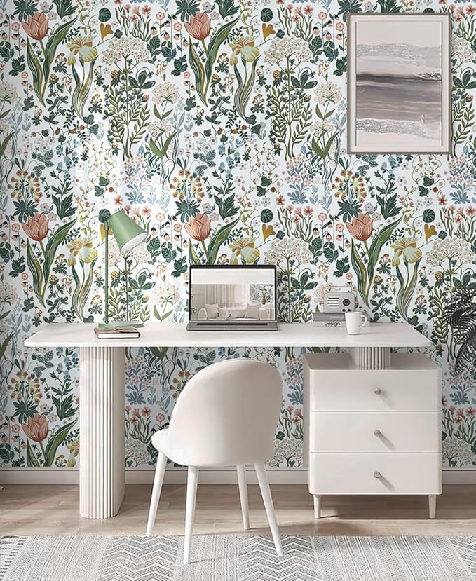 Peel and Stick Wallpaper Vintage Wall Paper White Floral Contact Paper Removable 17.3