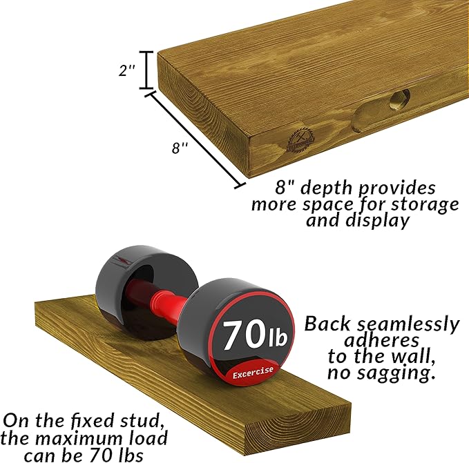 Rustic Floating Shelves 36 inch Long 8 inch deep Set of 2, Solid Wood Wall Shelves for Bedroom Living Room Kitchen,Book Shelf for Wall, Wall Mounted Shelves with Hidden Bracket- Gold Oak