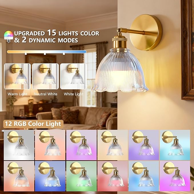 Vintage Battery Operated Wall Sconce with Transparent Ripple Glass Lampshade Rechargeable Battery Powered Wall Light with Remote Control for Bedside Bedroom Bathroom, Set of 1