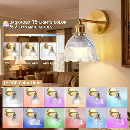 Vintage Battery Operated Wall Sconce with Transparent Ripple Glass Lampshade Rechargeable Battery Powered Wall Light with Remote Control for Bedside Bedroom Bathroom, Set of 1