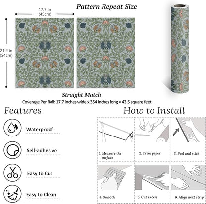 VEELIKE 17.7''x354'' Retro Floral Peel and Stick Wallpaper Vintage Blue Floral Wallpaper for Bedroom Living Room Removable Prepasted William Morris Wallpaper Self Adhesive Contact Paper for Walls
