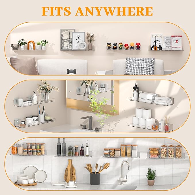 6 Pack Floating Shelves - Clear Acrylic/PET Wall Mounted Non-Drilling Storage Rack with Adhesive, Invisible Bathroom and Bedroom Shelves for Kitchen, Living Room, Clear Decoration