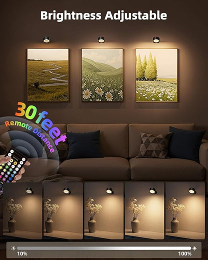 Wall Mounted Lights, 3 Pack Rechargeable RGB Color Changing Light, 3 Color Temps & Remote and Touch, 360°Rotation Dimmable Cordless for Study Bedroom Reading Bedside (Black)