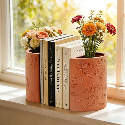 Decorative Bookends, Flower Pot Book Ends for Shelves, Terracotta Kitchen Bookends Novelty Plant Pot Holder, Office Book Shelf Accessories with Funny Indoor Plants Pot