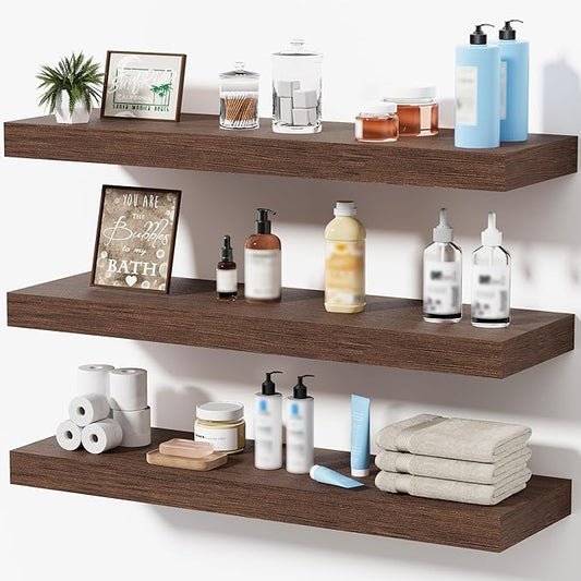Floating Shelves for Wall, Bathroom Shelves Over Toilet, Wall Shelves & Book Shelf for Room, Hanging Shelf, Modern Wooden Mounted Floating Shelves, 24x7x1.5 in (Walnut-Like, Set of 3)