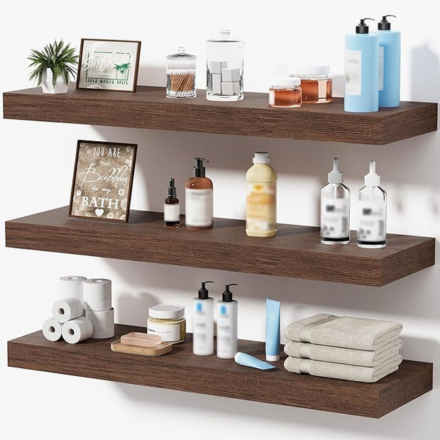 Floating Shelves for Wall, Bathroom Shelves Over Toilet, Wall Shelves & Book Shelf for Room, Hanging Shelf, Modern Wooden Mounted Floating Shelves, 24x7x1.5 in (Walnut-Like, Set of 3)