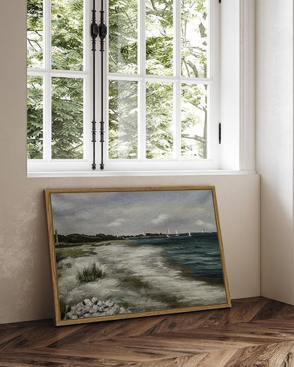 SHENIFY 16x24in Large Vintage Landscape Seascape Framed Canvas Wall Art Seaside Coastal Scenery Classic Hallway Bathroom Office Decor - Natural Framed