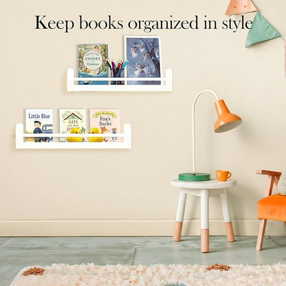 Floating Nursery Book Shelves, 16.5 inch Wall Book Shelves Kids Room, Set of 2 Baby Shelves for Nursery Décor, Ideal Wooden Nursery Shelves for Teens Kids Room, Bedroom Bathroom and Kitchen (White)