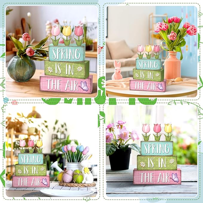 Marsui 4 Pcs Spring Table Decorations Tulip Flower Wooden Block Signs Pastel Tulip Tabletop Centerpieces Farmhouse Distressed Easter Spring Decor for Home Table Kitchen Shelf Tiered Tray Decor