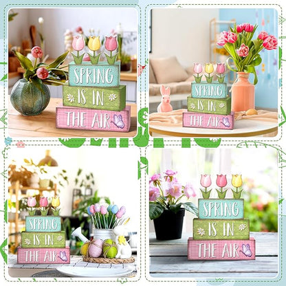 Marsui 4 Pcs Spring Table Decorations Tulip Flower Wooden Block Signs Pastel Tulip Tabletop Centerpieces Farmhouse Distressed Easter Spring Decor for Home Table Kitchen Shelf Tiered Tray Decor